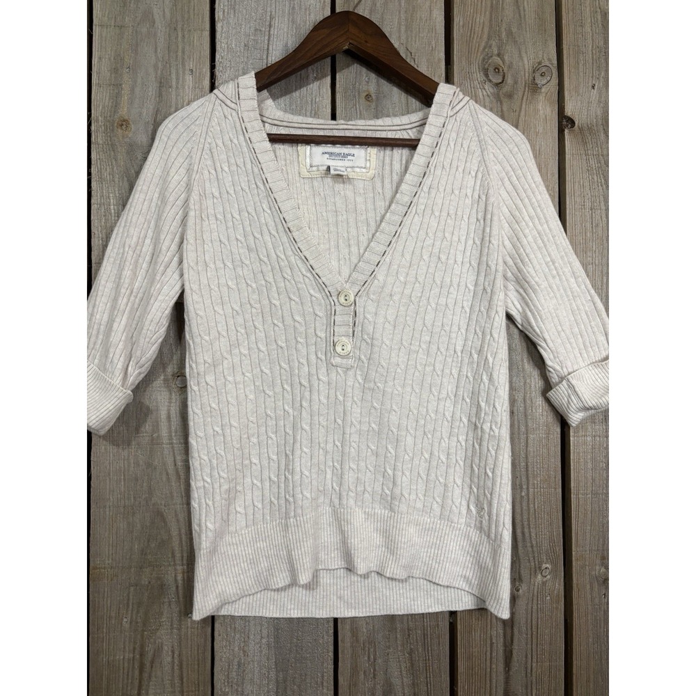Vintage ✨American Eagle ✨Cable Knit Henley Hoodie Sweater Women's‎ XL Beige Y2K